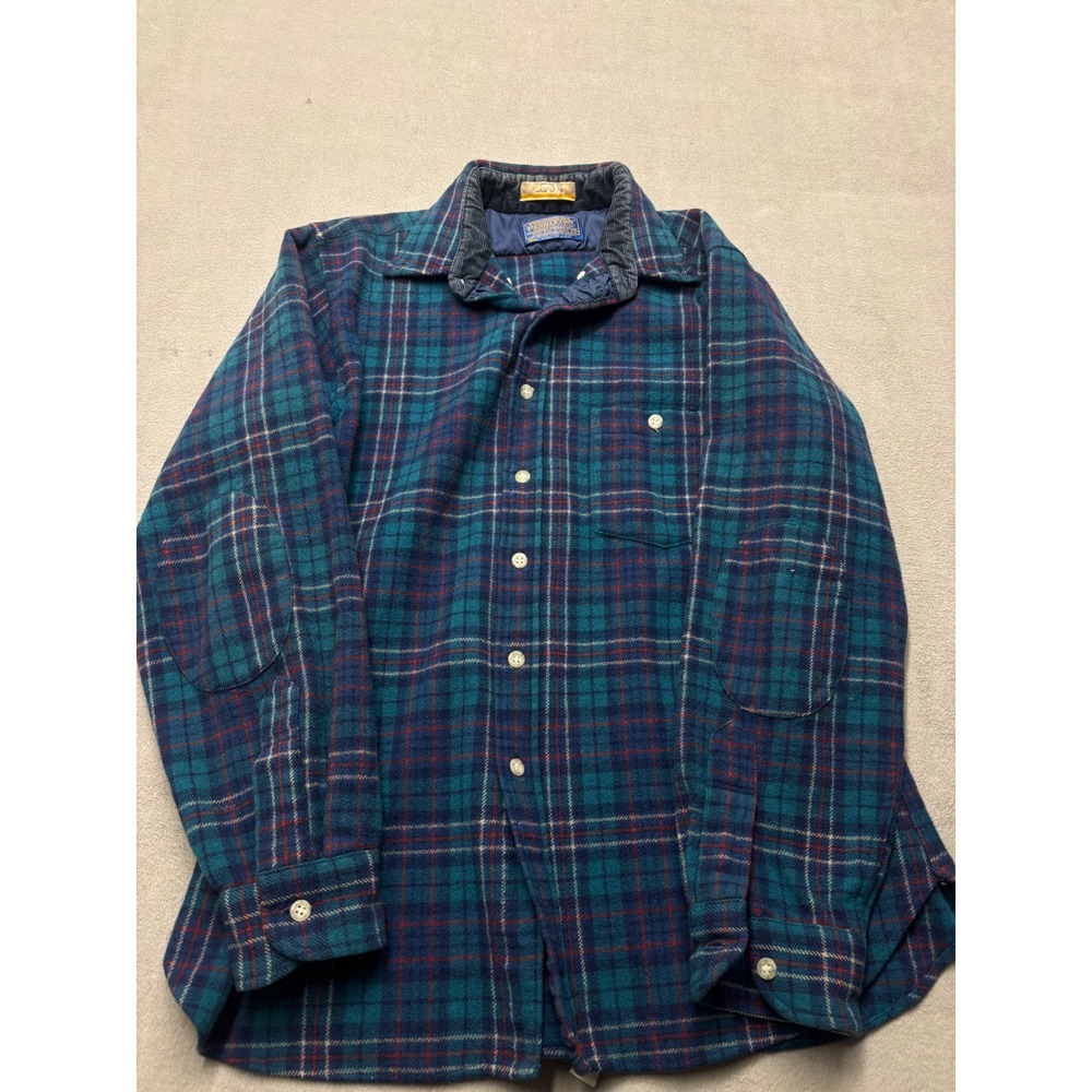 Vintage Pendleton Wool Flannel Shirt Large Teal Blue Plaid Elbow Patches USA